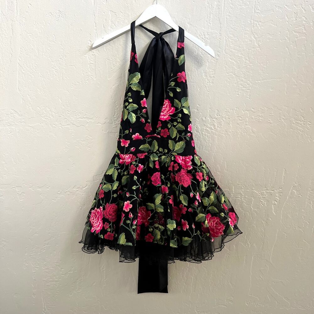 EUC Kikiriki Black Floral Embroidered Halter Tulle Mini Dress
